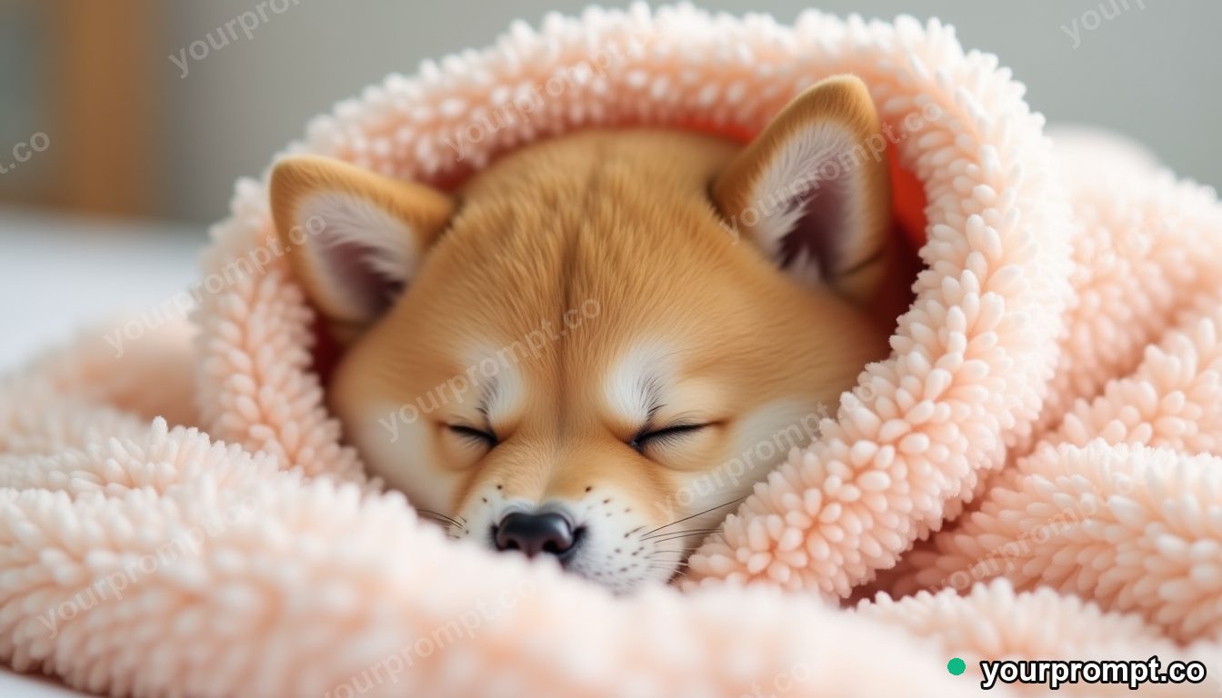 A sleepy shiba inu puppy in a cozy blanket in kawaii style — AI-generated image from a text prompt