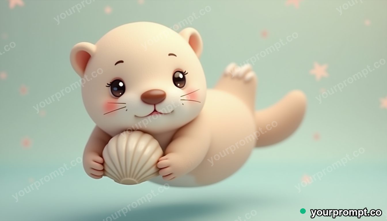 A baby otter floating and holding a tiny shell in kawaii style — AI-generated image from a text prompt
