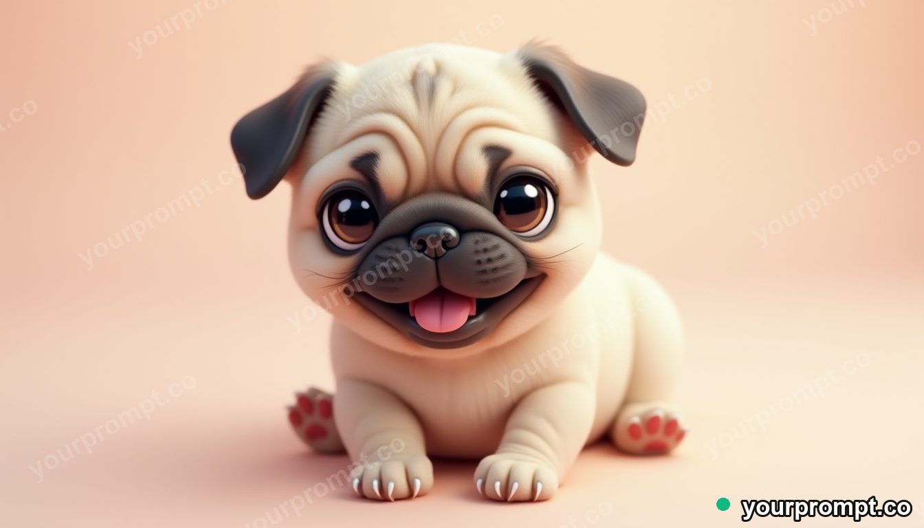 A tiny pug puppy with a wrinkly happy face in kawaii style — AI-generated image from a text prompt