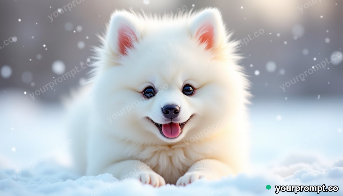 A fluffy samoyed puppy smiling in the snow in kawaii style — AI-generated image from a text prompt