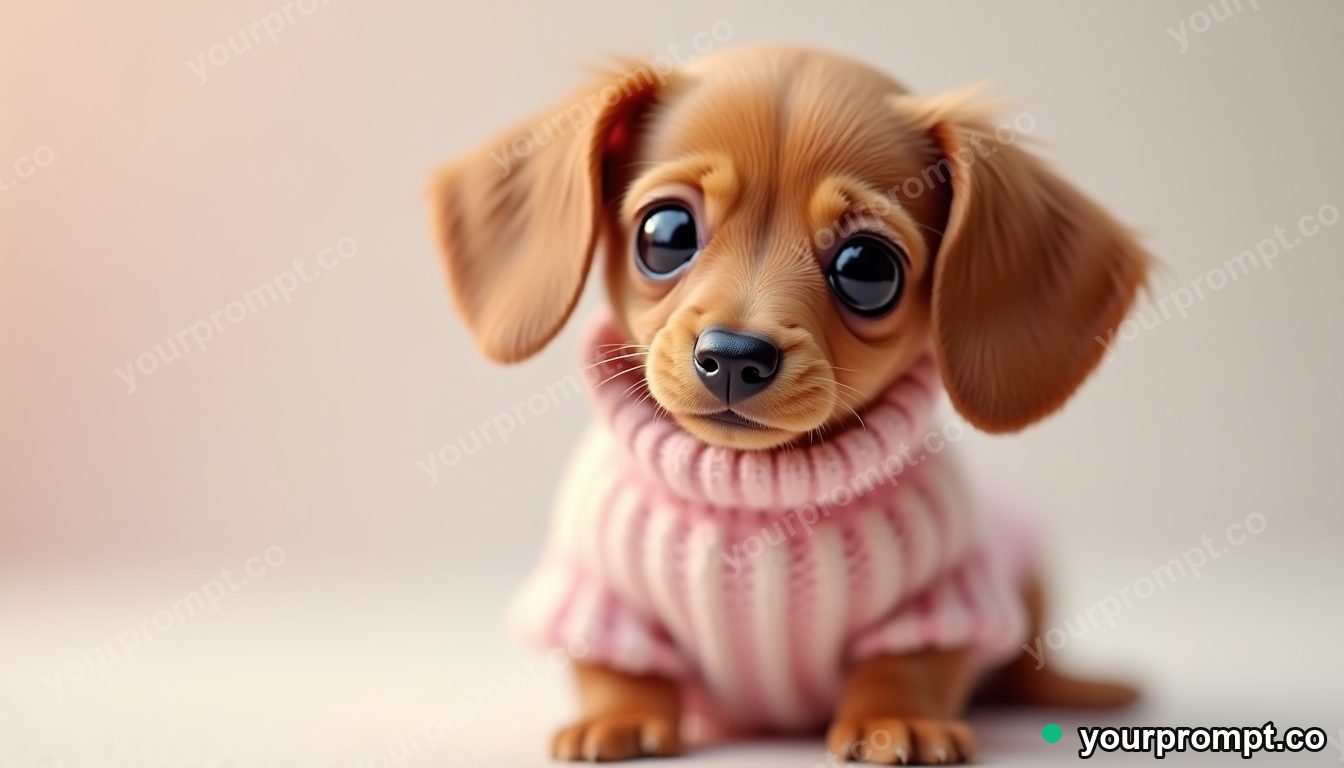 A dachshund puppy in a tiny sweater in kawaii style — AI-generated image from a text prompt