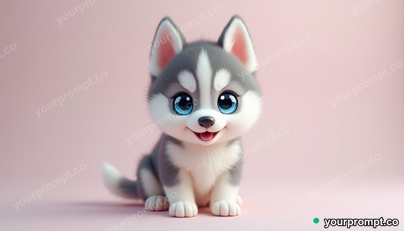 A husky puppy with bright blue eyes in kawaii style — AI-generated image from a text prompt