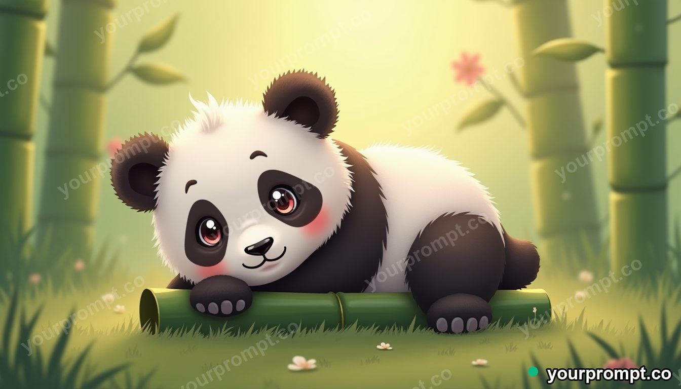 A panda cub tumbling in bamboo in kawaii style — AI-generated image from a text prompt
