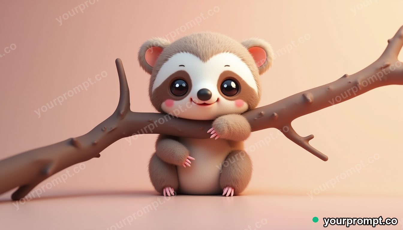 A baby sloth hugging a soft branch in kawaii style — AI-generated image from a text prompt
