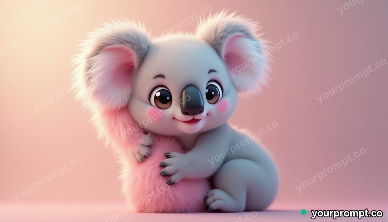 A koala joey clinging to a fuzzy ear in kawaii style — AI-generated image from a text prompt