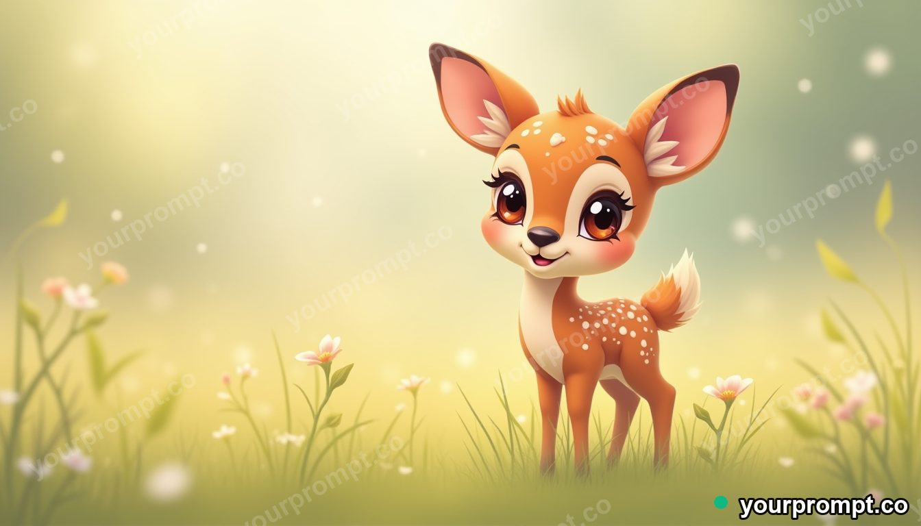 A fawn with white spots in a meadow in kawaii style — AI-generated image from a text prompt