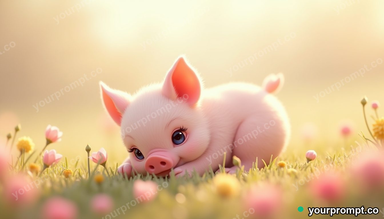 A piglet rolling in a flower field in kawaii style — AI-generated image from a text prompt