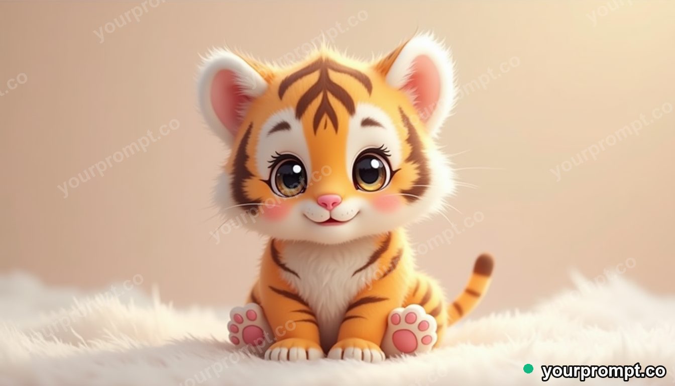 A tiger cub with round paws in kawaii style — AI-generated image from a text prompt