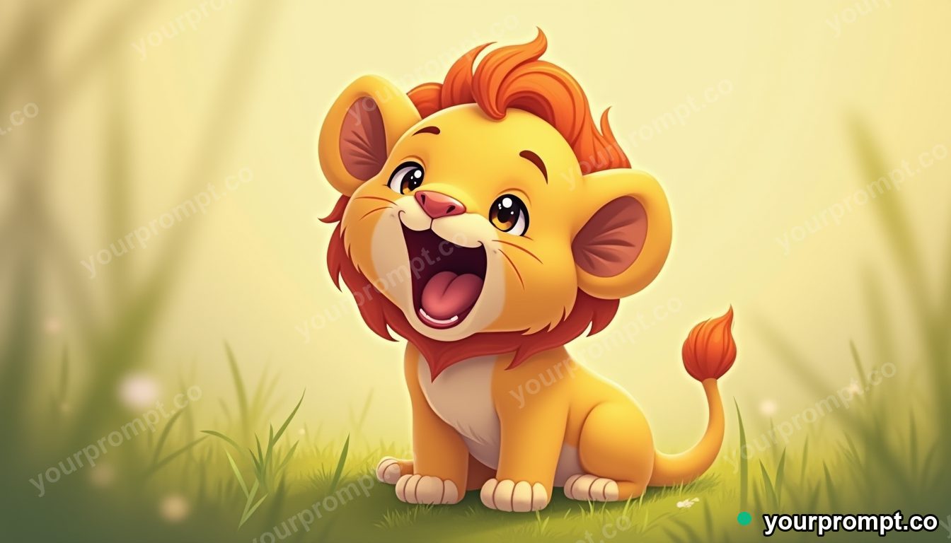 A lion cub yawning in the grass in kawaii style — AI-generated image from a text prompt