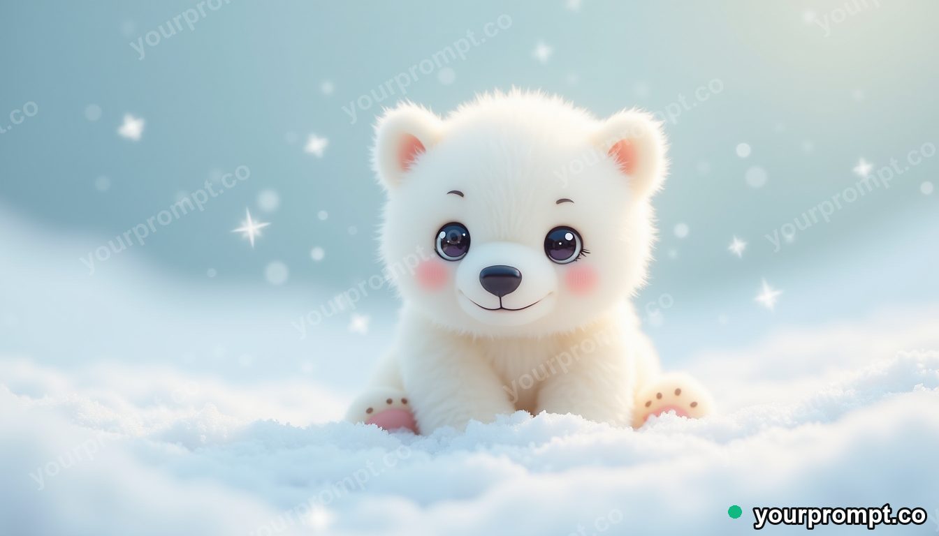 A polar bear cub on soft snow in kawaii style — AI-generated image from a text prompt