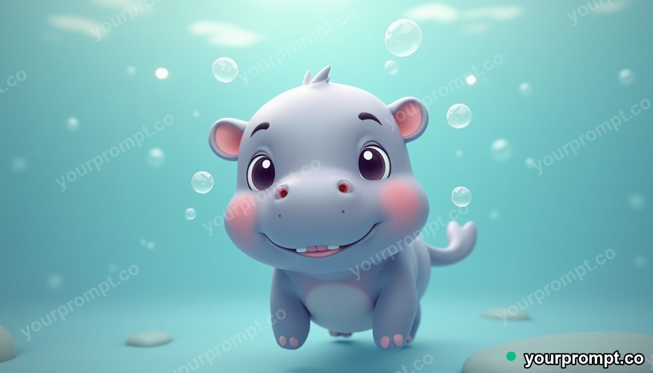 A baby hippo blowing bubbles underwater in kawaii style — AI-generated image from a text prompt