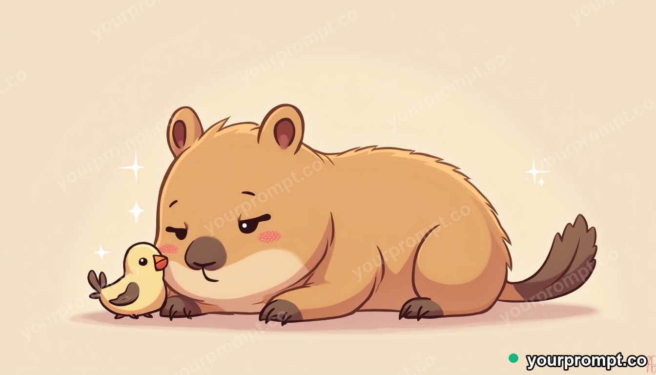 A capybara relaxing with a tiny bird friend in kawaii style — AI-generated image from a text prompt