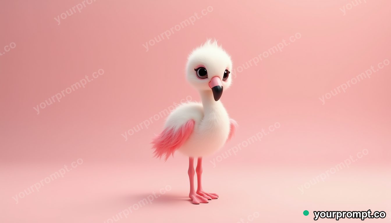 A baby flamingo standing on wobbly legs in kawaii style — AI-generated image from a text prompt