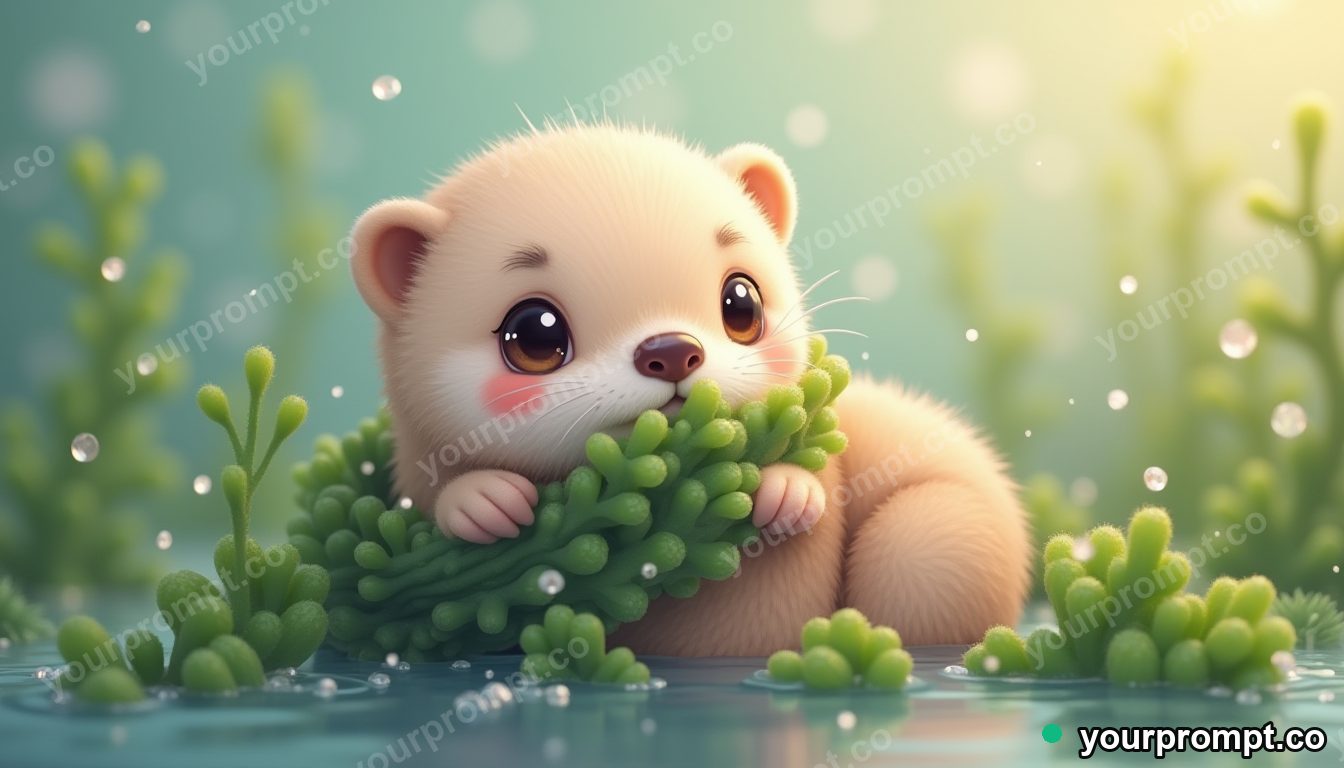 A sea otter pup wrapped in kelp in kawaii style — AI-generated image from a text prompt
