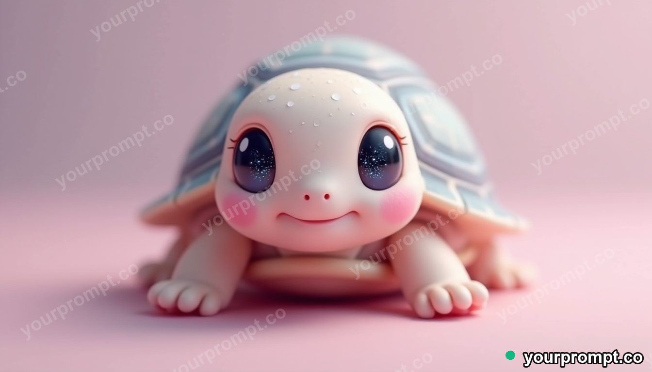 A baby turtle with sparkly eyes in kawaii style — AI-generated image from a text prompt