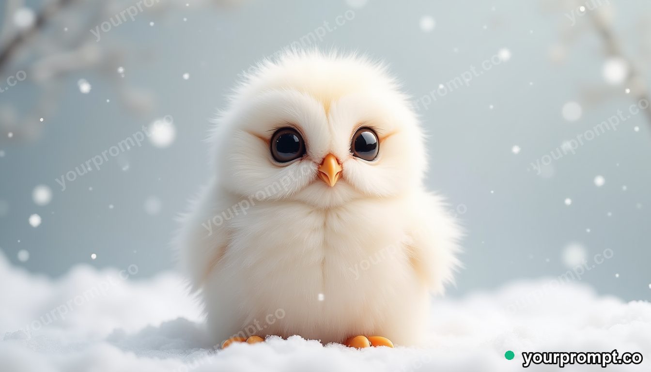A snowy owl chick puffed up and fluffy in kawaii style — AI-generated image from a text prompt