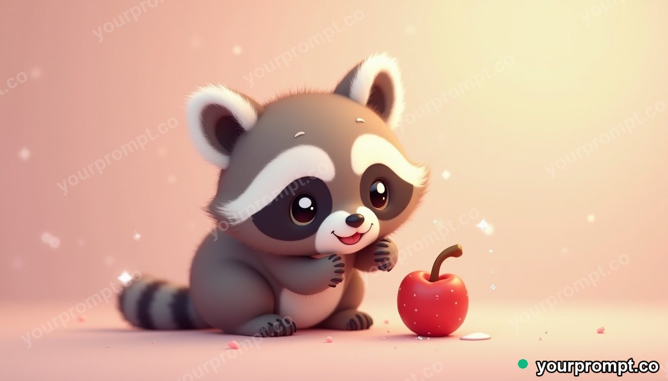 A baby raccoon washing a tiny berry in kawaii style — AI-generated image from a text prompt