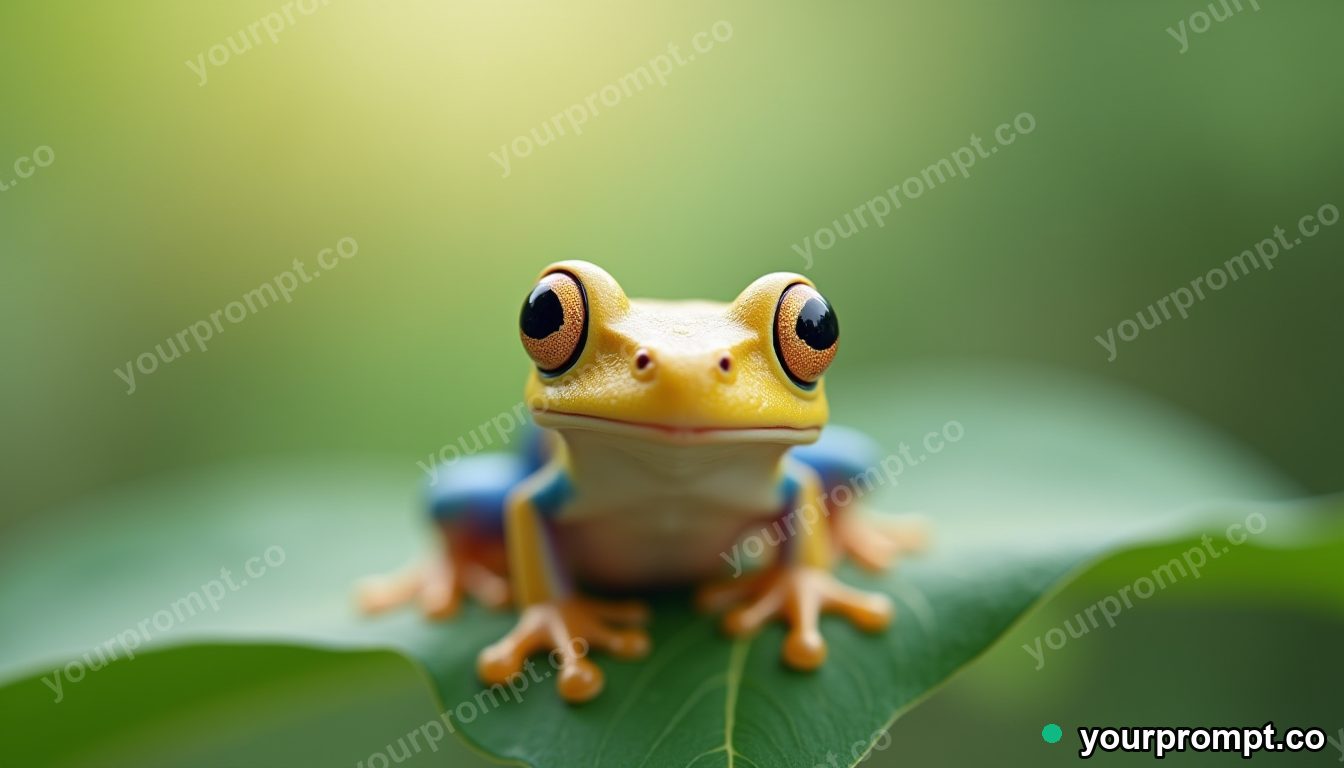 A tiny tree frog smiling on a leaf in kawaii style — AI-generated image from a text prompt