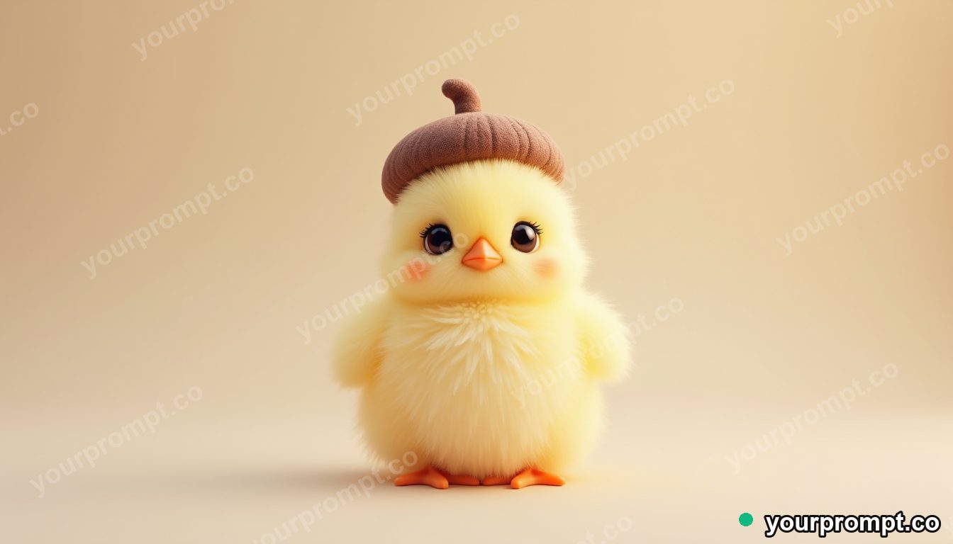 A fluffy chick wearing an acorn hat in kawaii style — AI-generated image from a text prompt