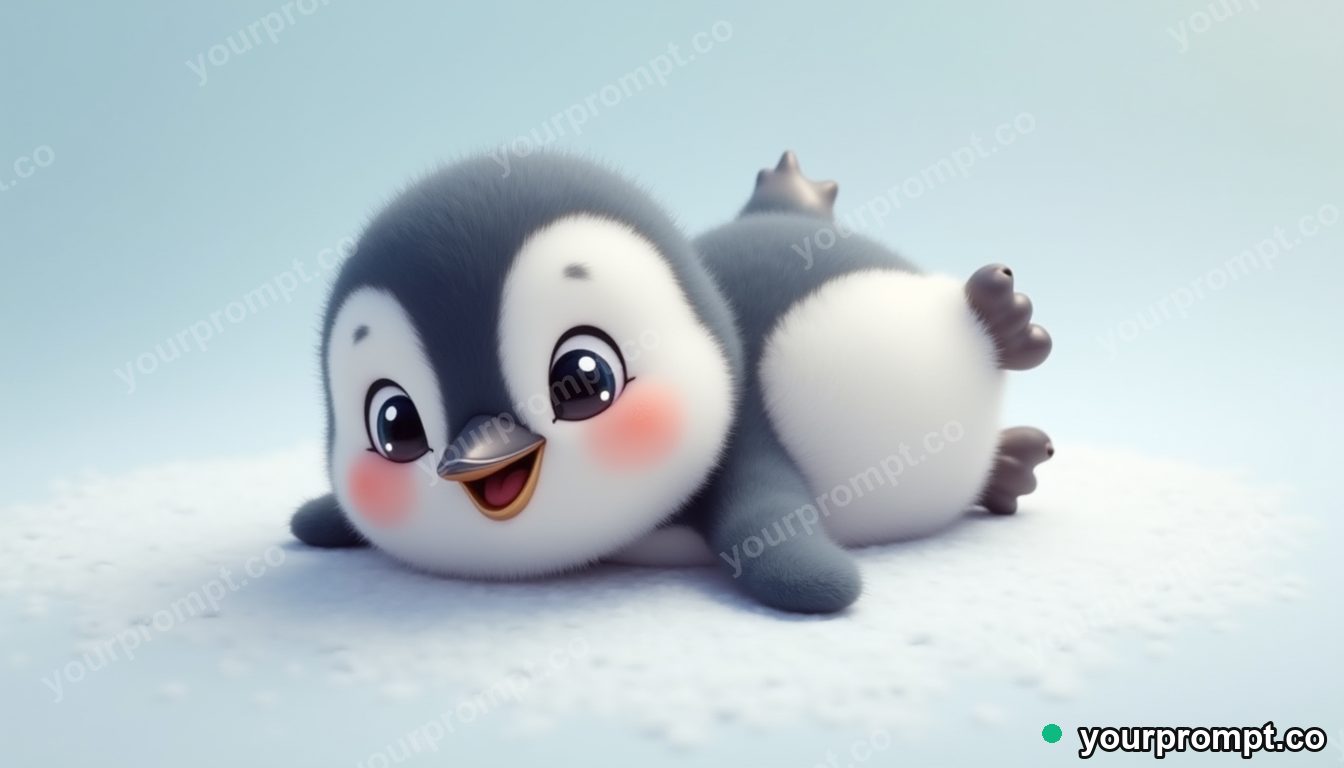 A baby penguin sliding on its belly in kawaii style — AI-generated image from a text prompt