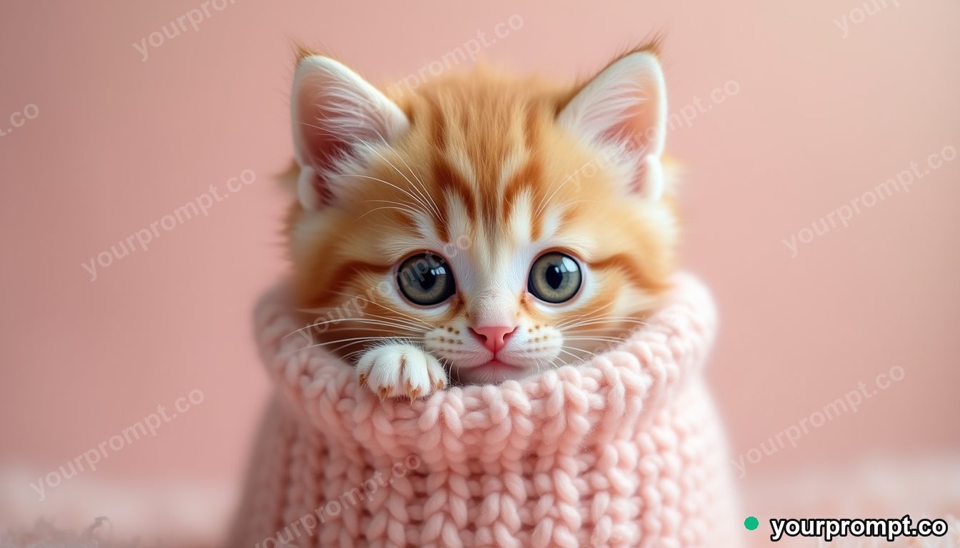 A kitten peeking out of a knitted pocket in kawaii style — AI-generated image from a text prompt