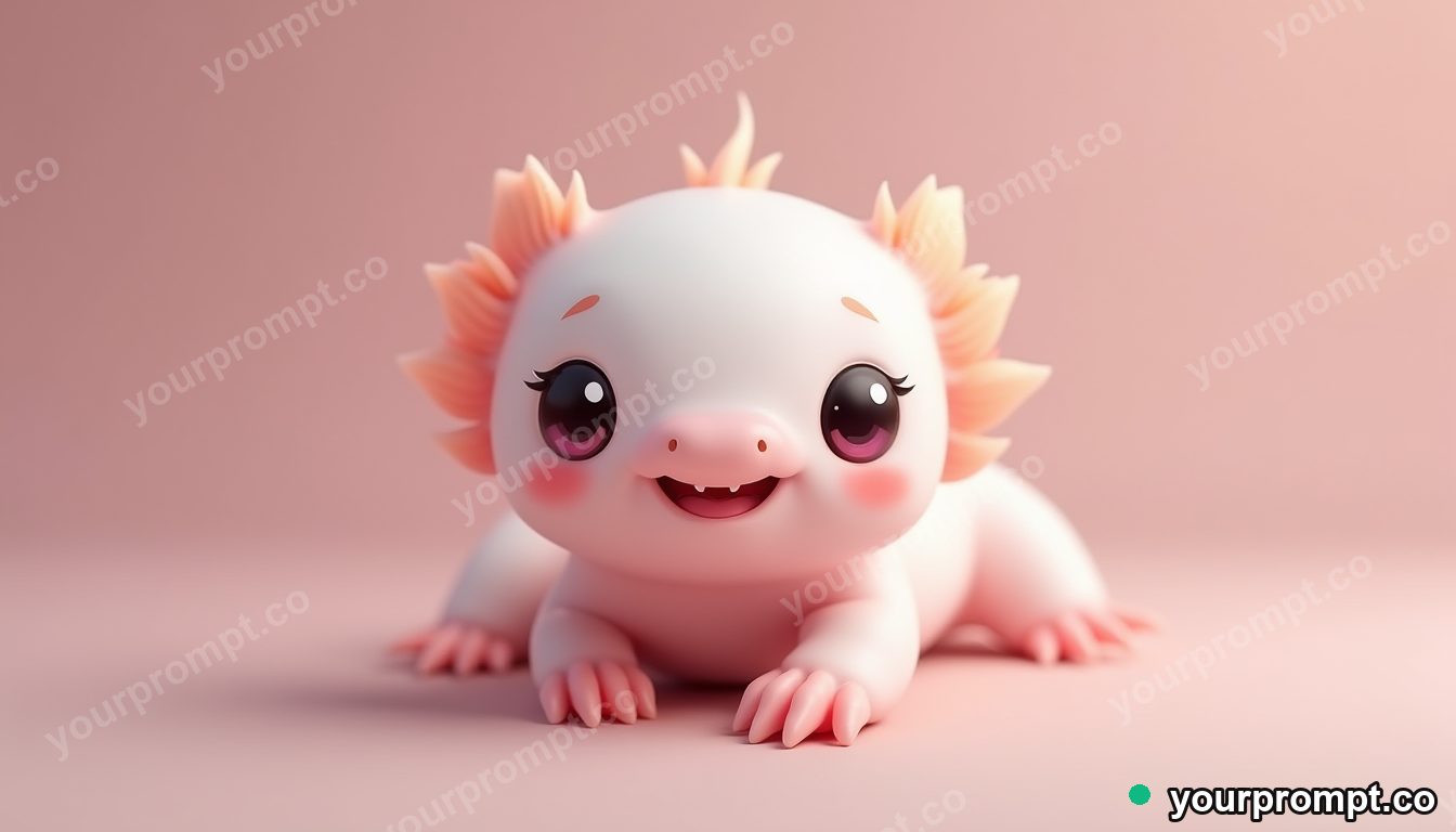A baby axolotl with a happy pink smile in kawaii style — AI-generated image from a text prompt