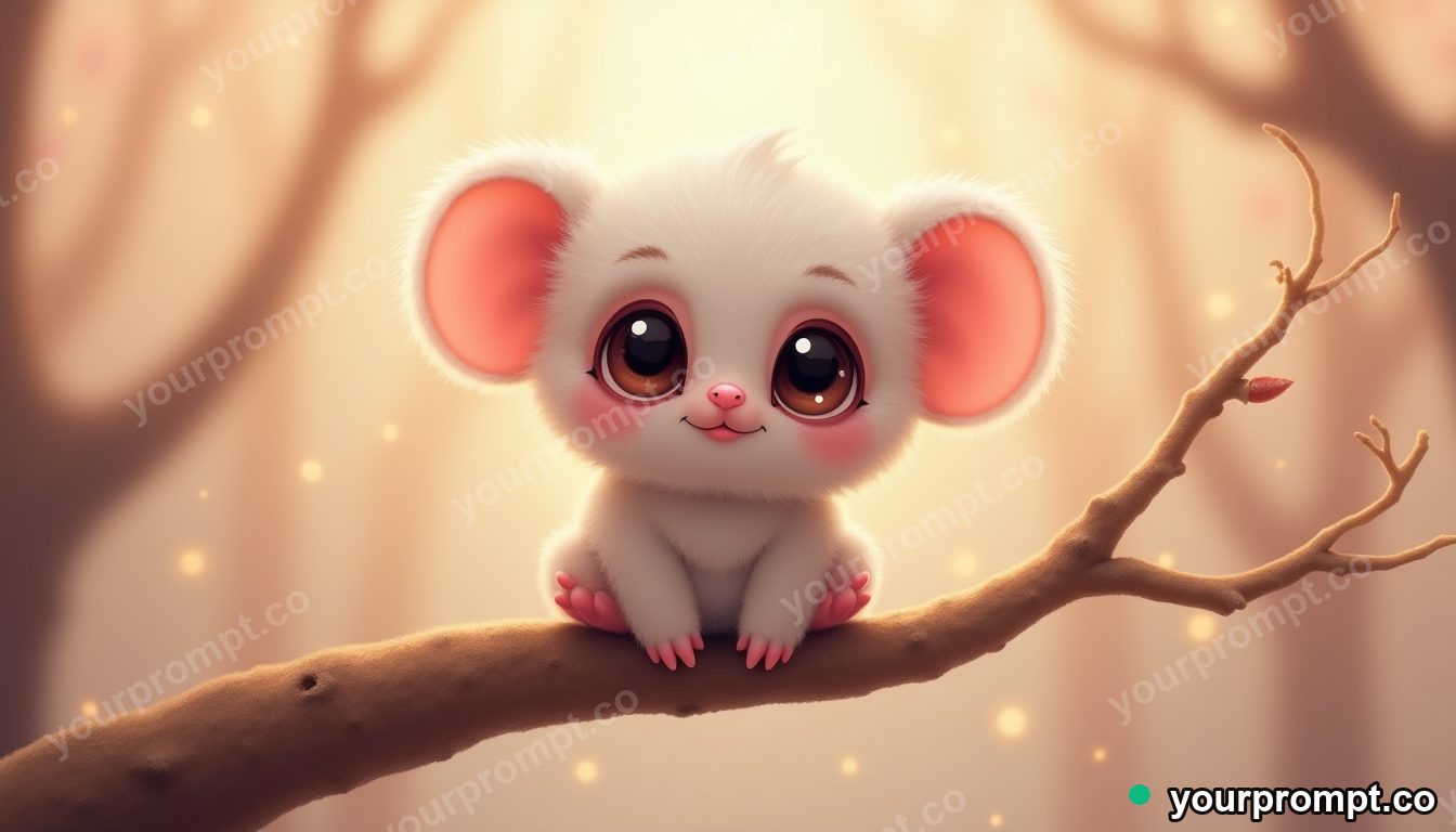 A wide-eyed bush baby on a branch in kawaii style — AI-generated image from a text prompt