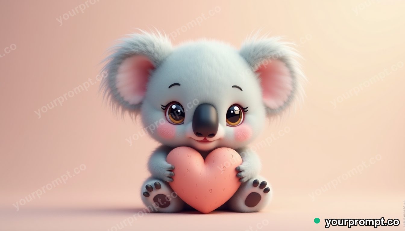 A baby koala holding a heart-shaped leaf in kawaii style — AI-generated image from a text prompt