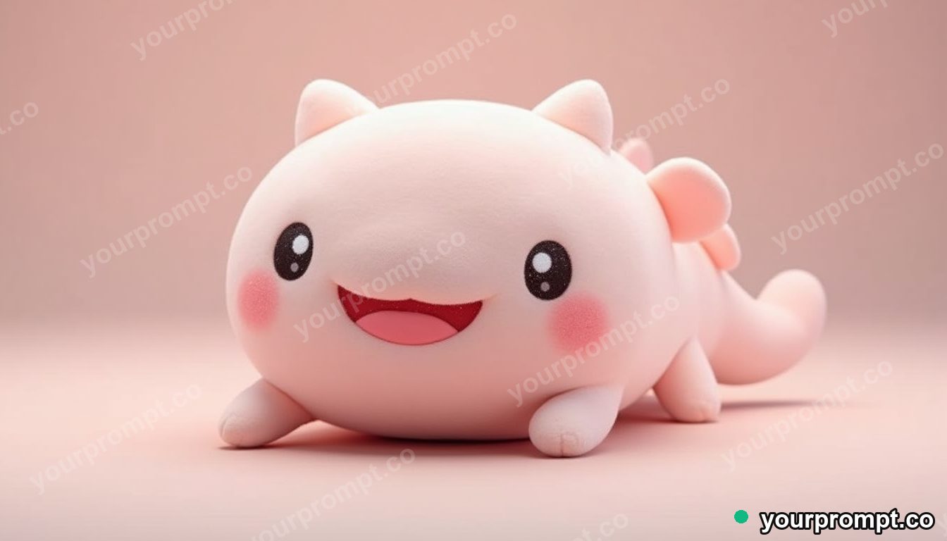 A plush axolotl toy with a happy smile in kawaii style — AI-generated image from a text prompt