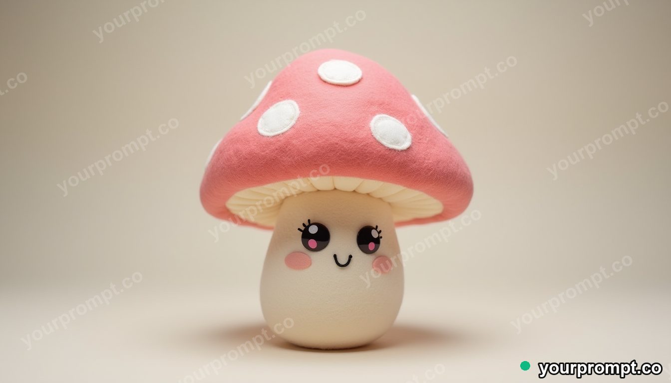 A felt mushroom plushie with a smiling face in kawaii style — AI-generated image from a text prompt
