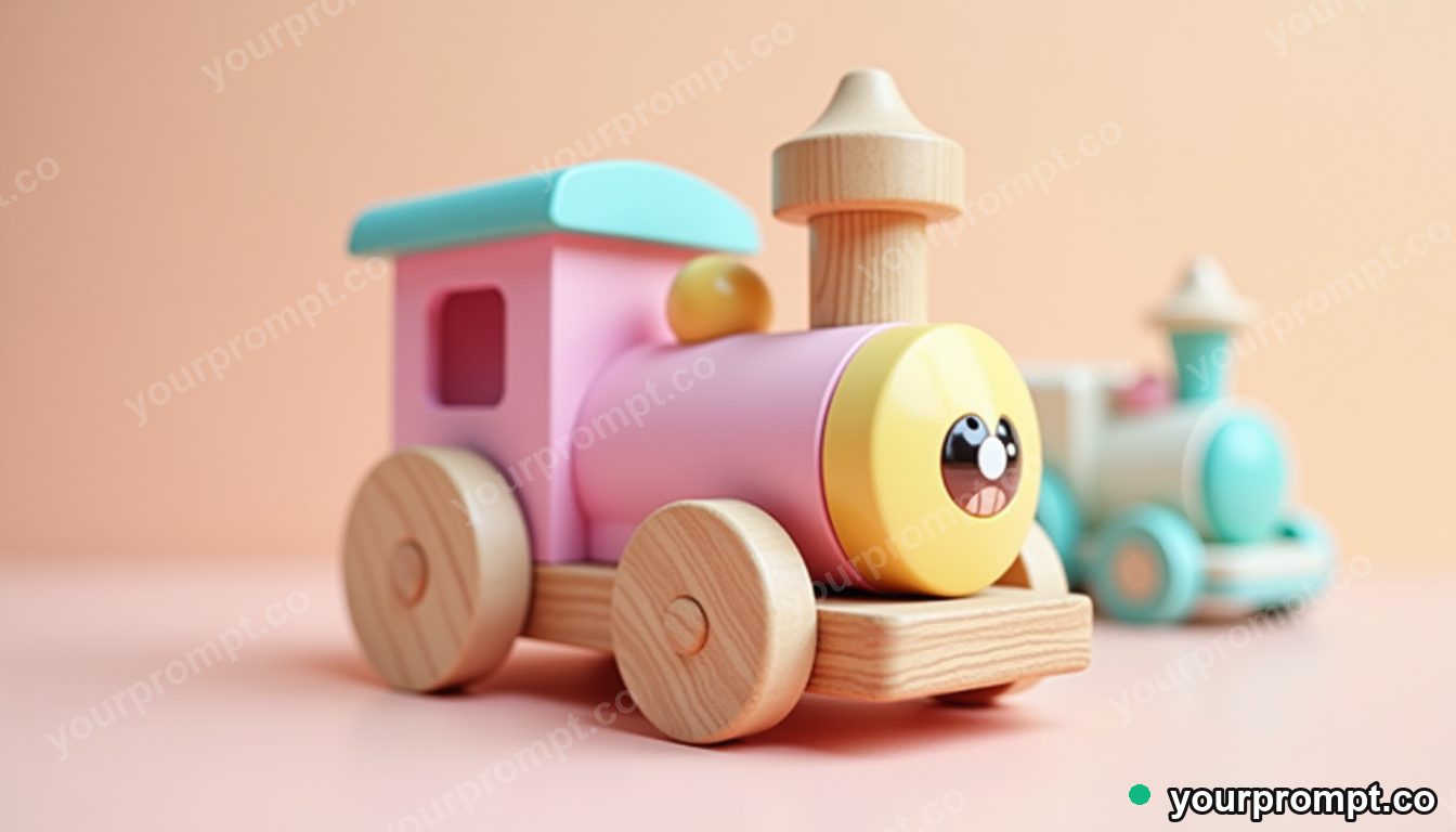 A wooden toy train in candy colors in kawaii style — AI-generated image from a text prompt