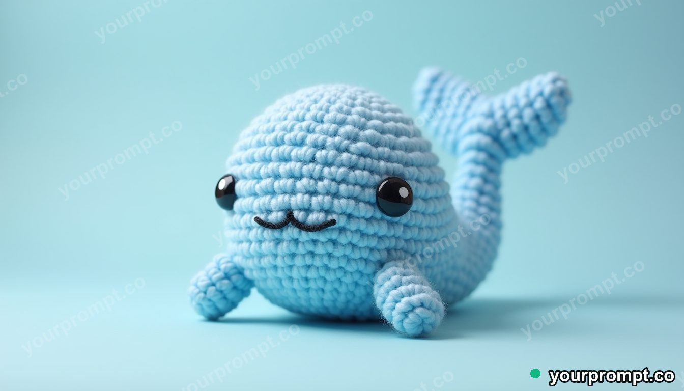 A crochet whale toy in soft blue yarn in kawaii style — AI-generated image from a text prompt