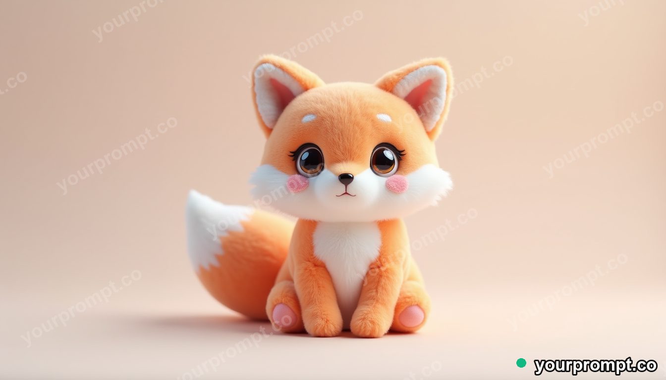 A plush fox toy with a fluffy tail in kawaii style — AI-generated image from a text prompt