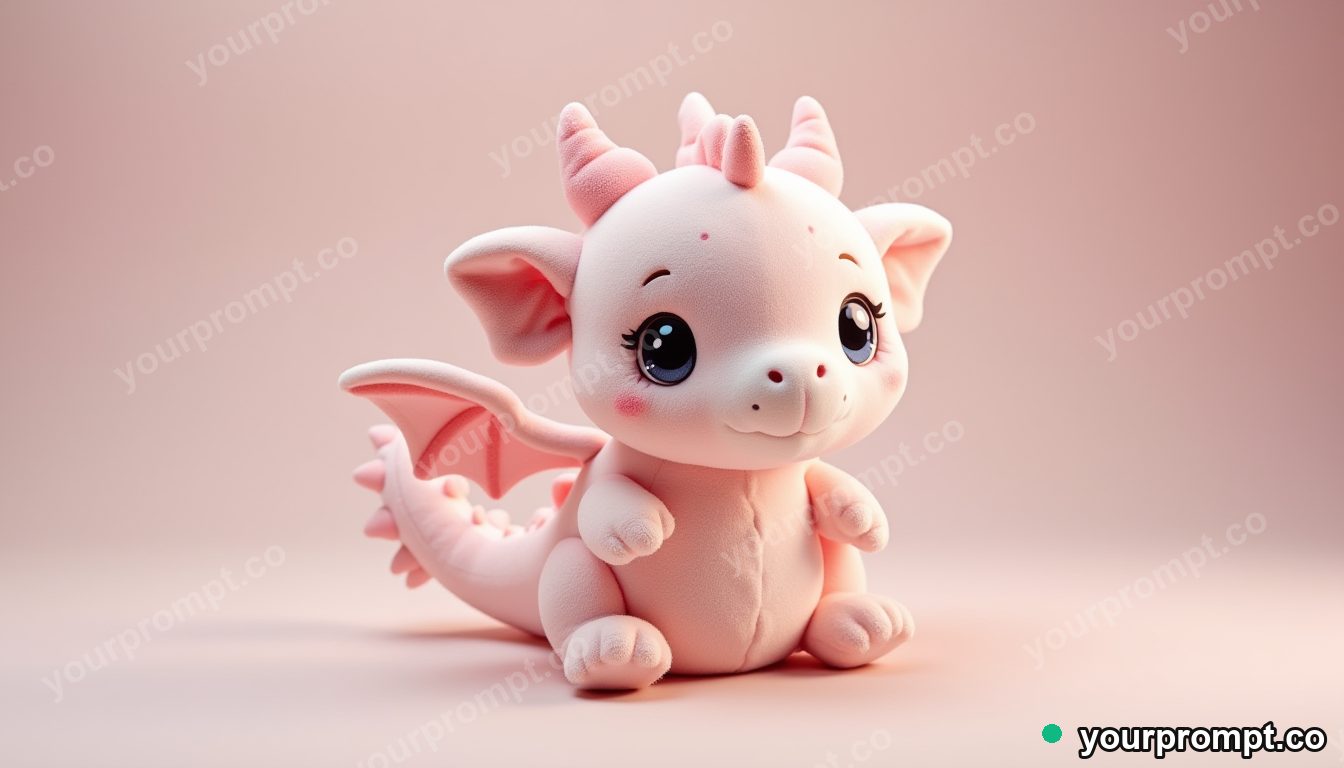 A plush baby dragon toy with tiny wings in kawaii style — AI-generated image from a text prompt