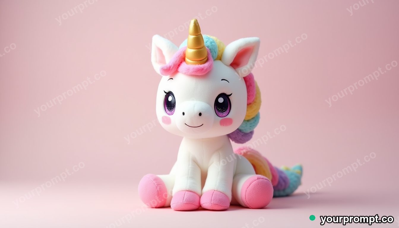 A plush unicorn toy with a rainbow mane in kawaii style — AI-generated image from a text prompt