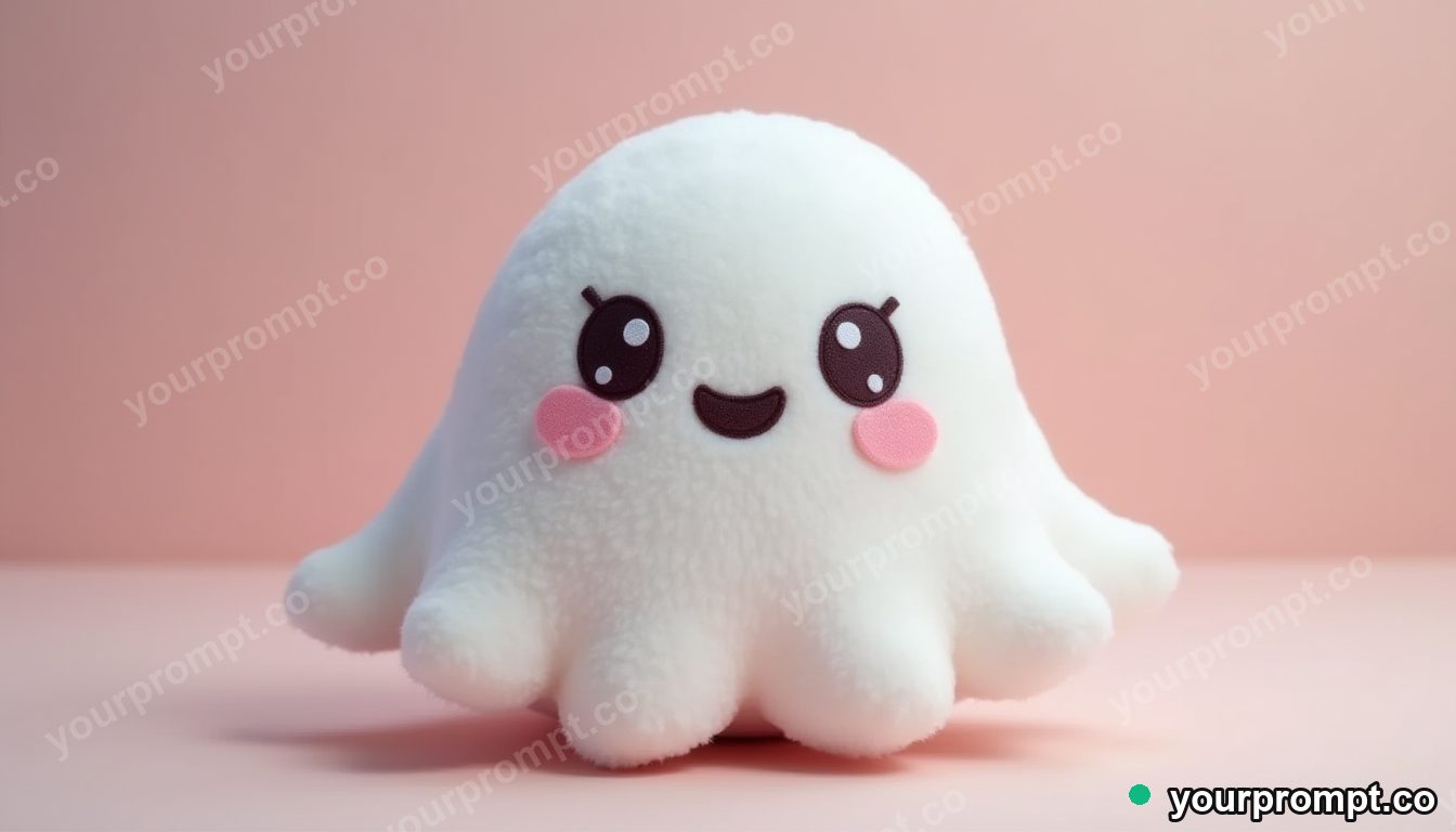 A plush ghost toy with a shy smile in kawaii style — AI-generated image from a text prompt