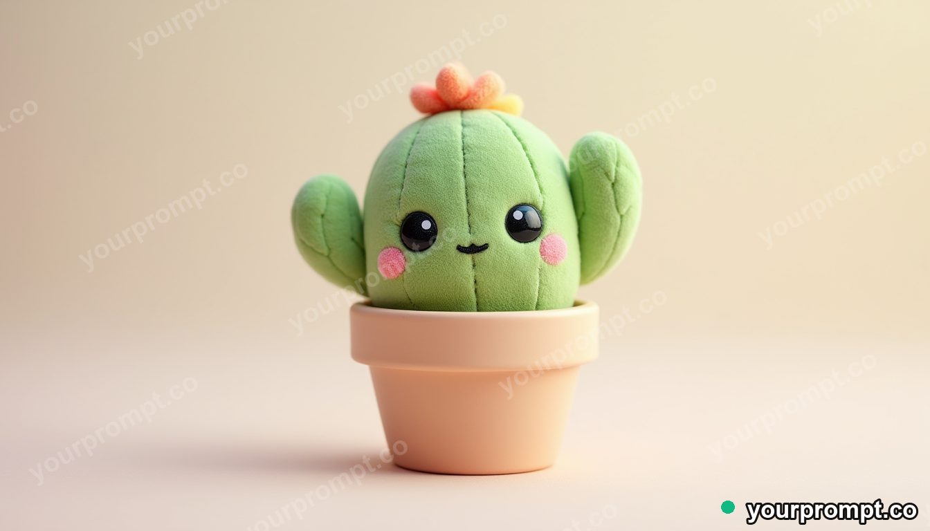 A plush cactus toy in a tiny pot in kawaii style — AI-generated image from a text prompt