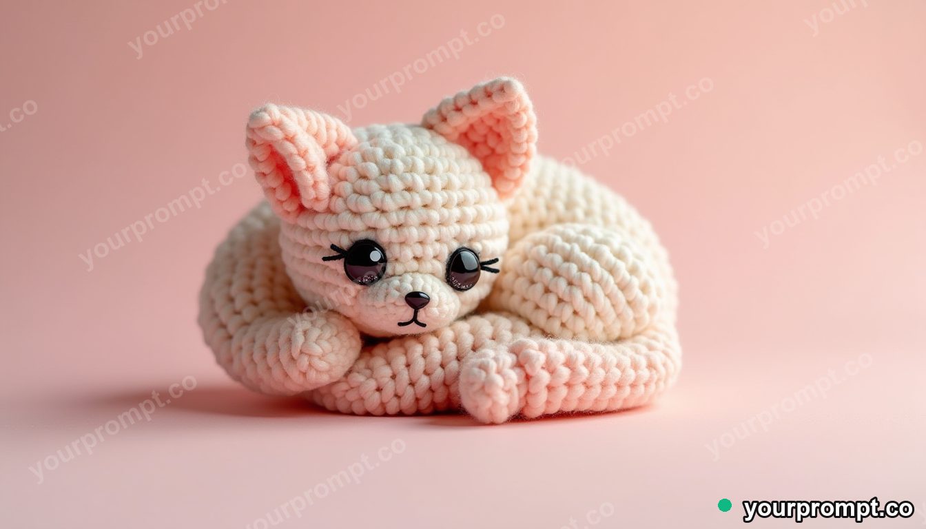A crochet cat toy curled up in kawaii style — AI-generated image from a text prompt