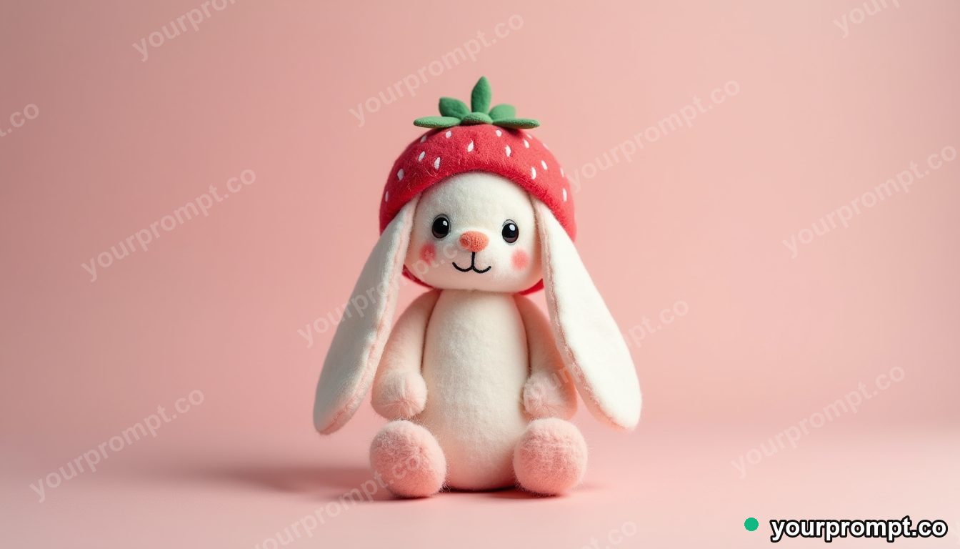 A felt strawberry-hat bunny plushie in kawaii style — AI-generated image from a text prompt