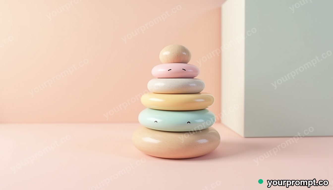A wooden stacking-rings toy in pastel colors in kawaii style — AI-generated image from a text prompt