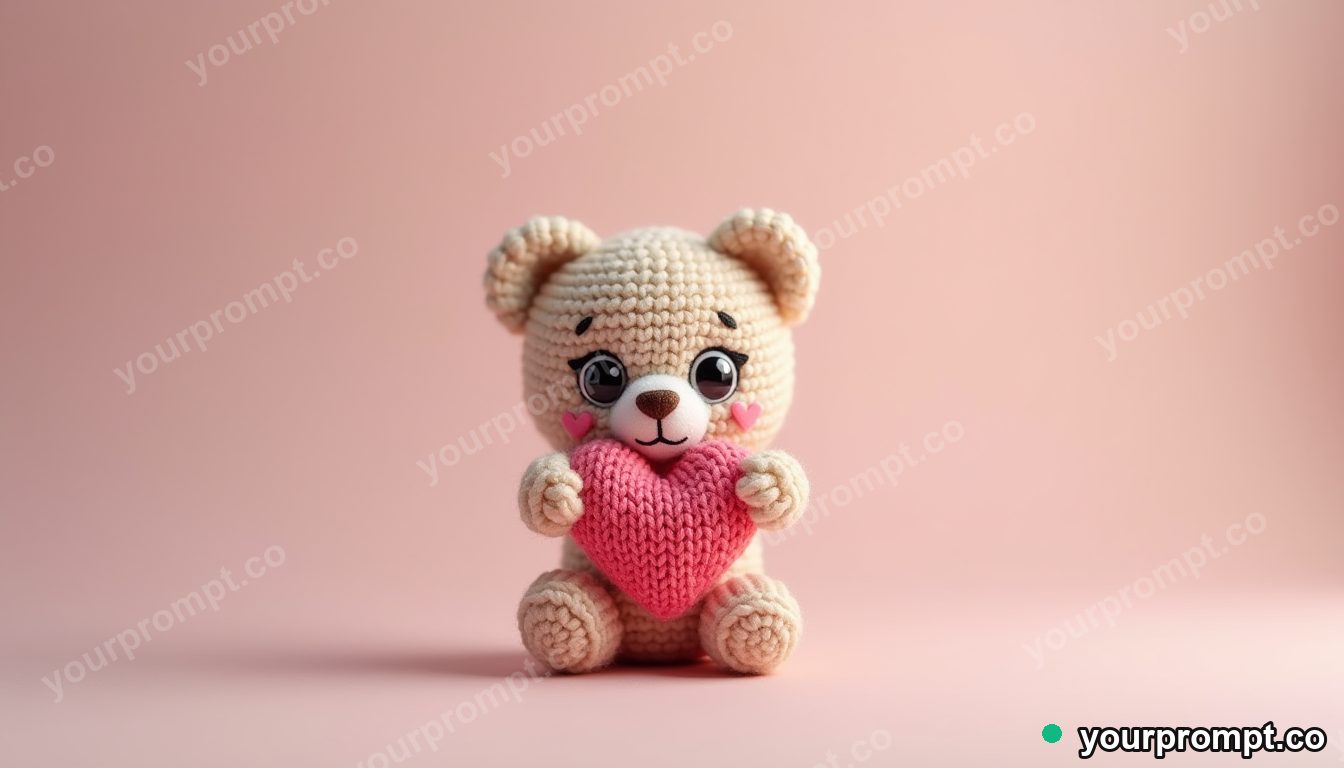 A tiny knitted bear holding a heart in kawaii style — AI-generated image from a text prompt