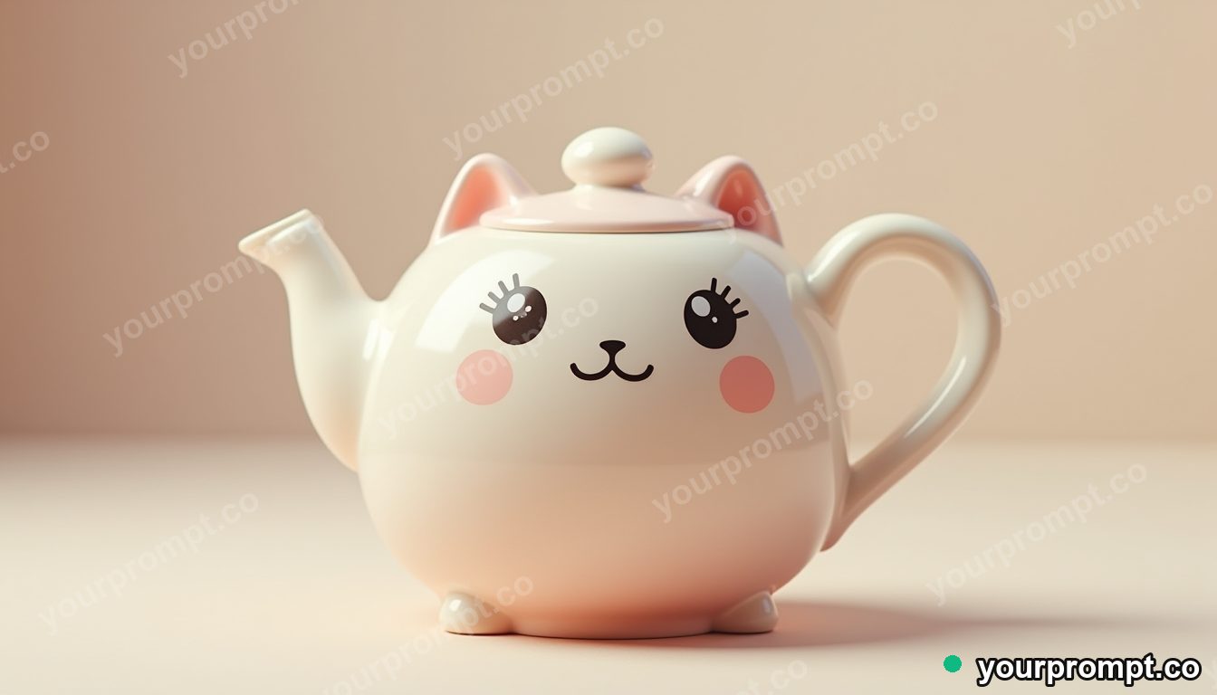 A ceramic cat teapot with a smiling face in kawaii style — AI-generated image from a text prompt