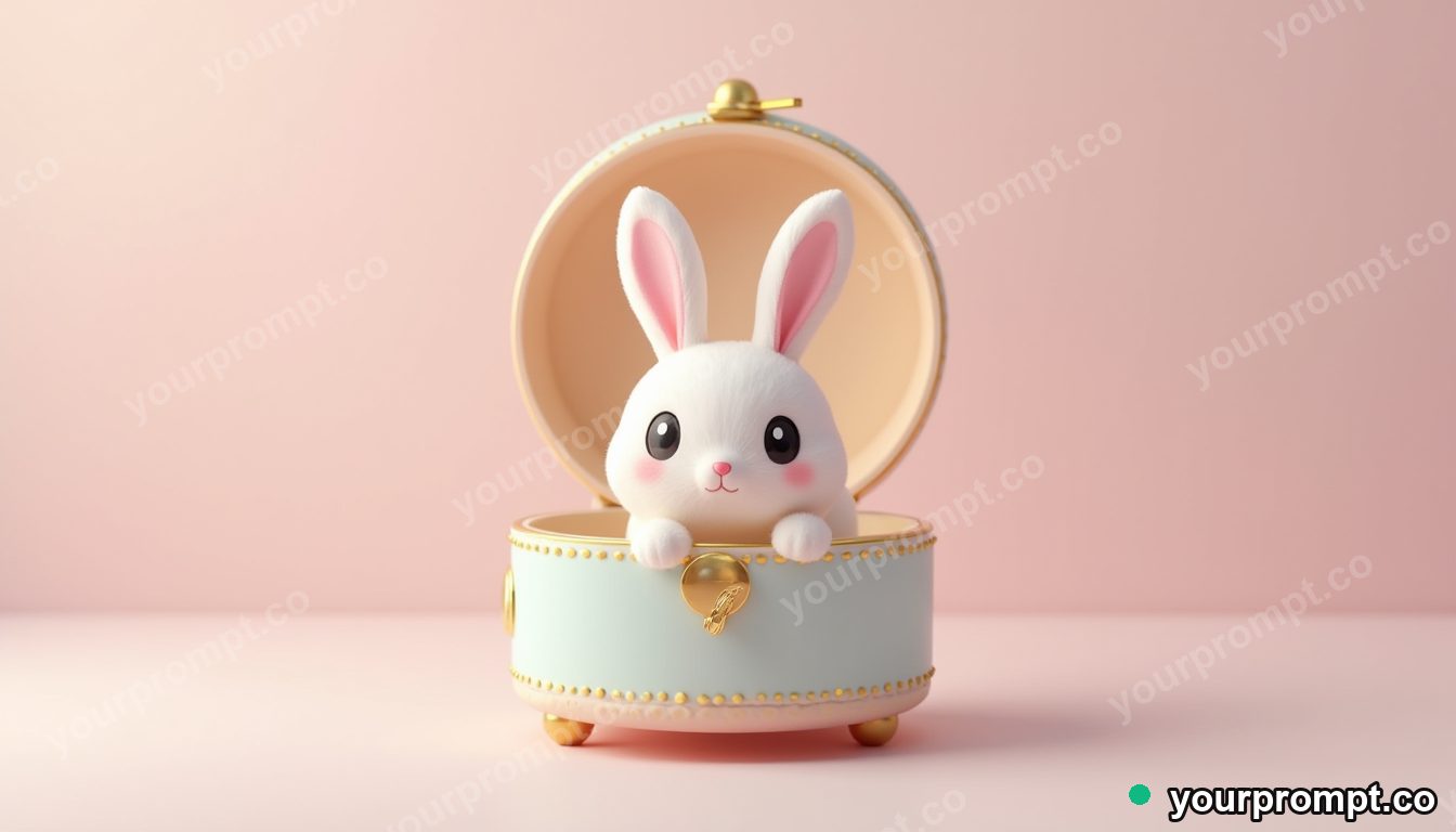 A pastel music box with a spinning bunny in kawaii style — AI-generated image from a text prompt