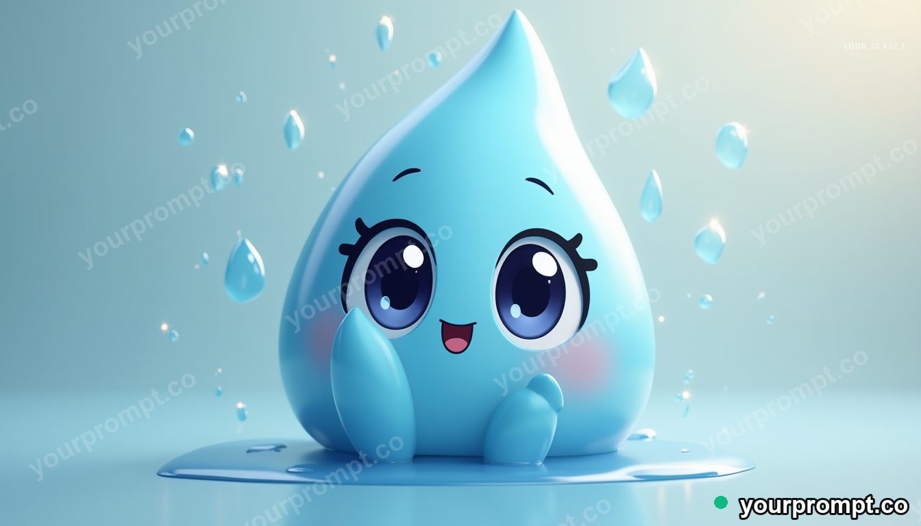 A raindrop character with big shiny eyes in kawaii style — AI-generated image from a text prompt