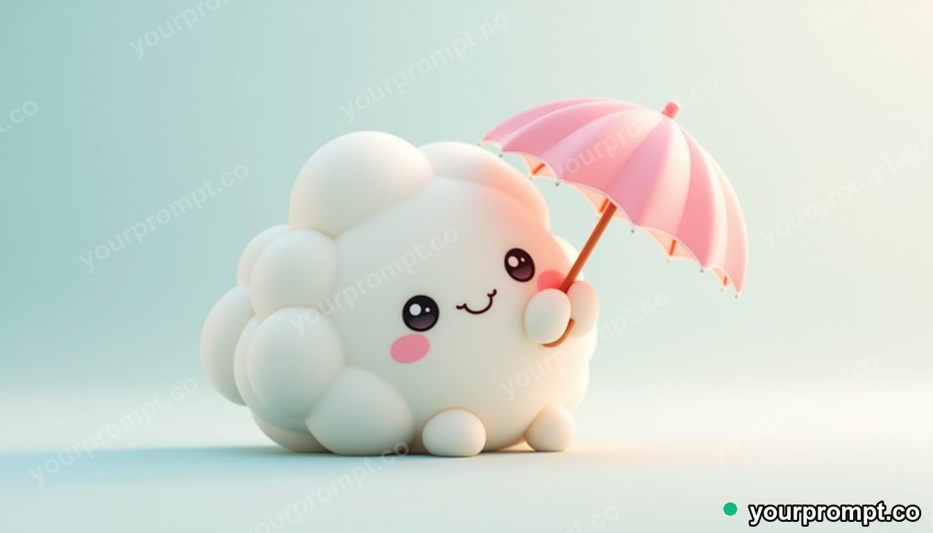 A cloud character holding a tiny umbrella in kawaii style — AI-generated image from a text prompt