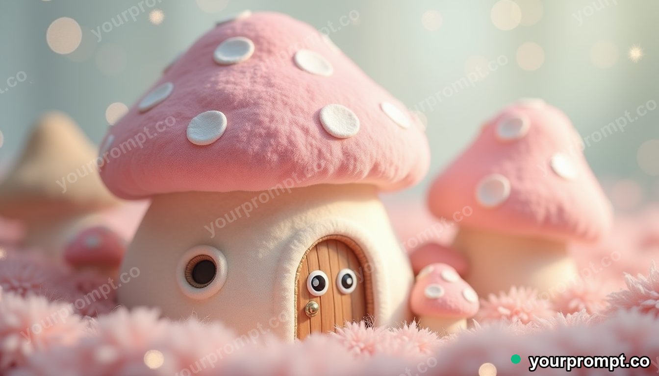 A plush mushroom house with round windows in kawaii style — AI-generated image from a text prompt