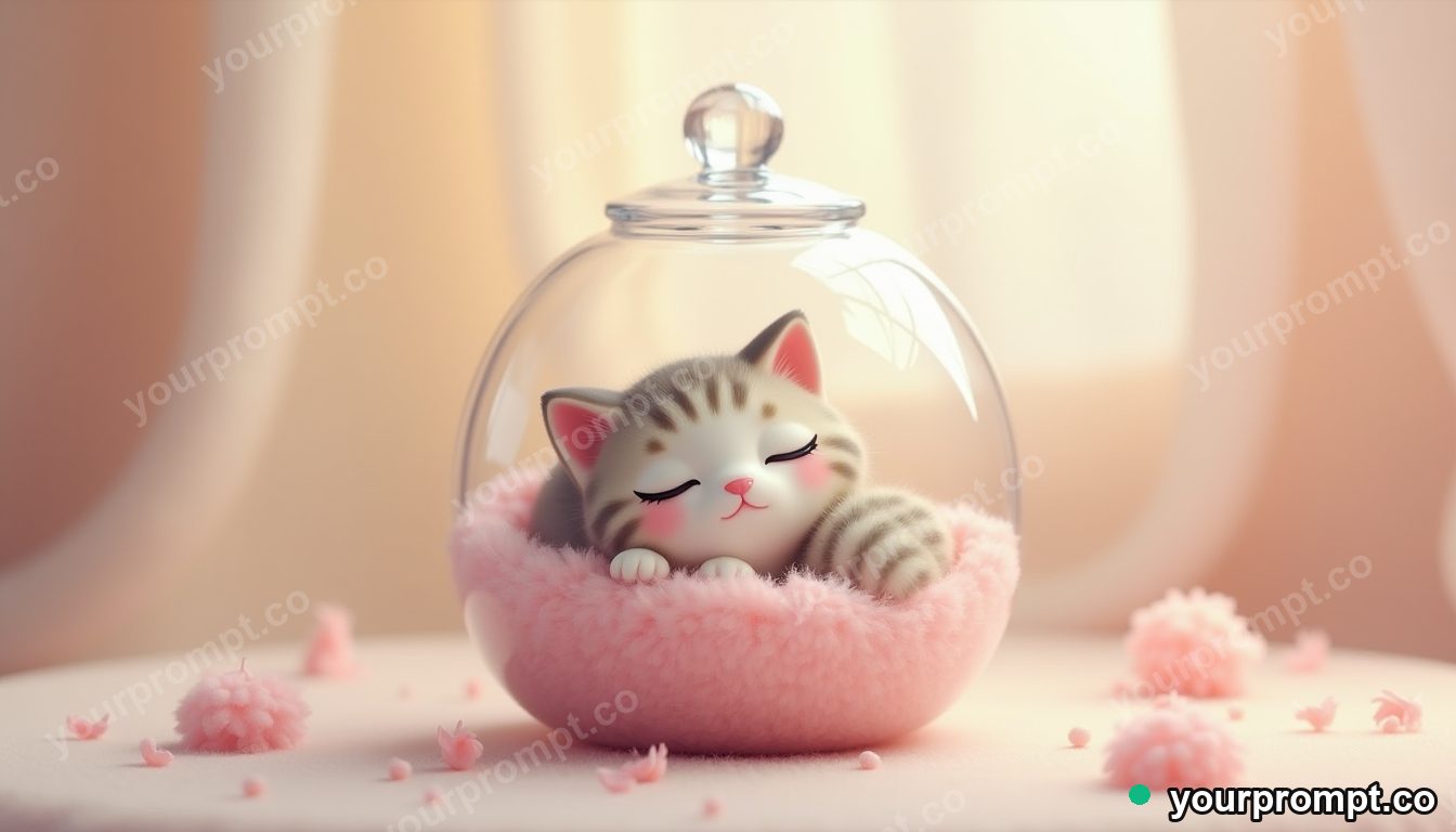 A tiny terrarium jar with a sleeping cat inside in kawaii style — AI-generated image from a text prompt