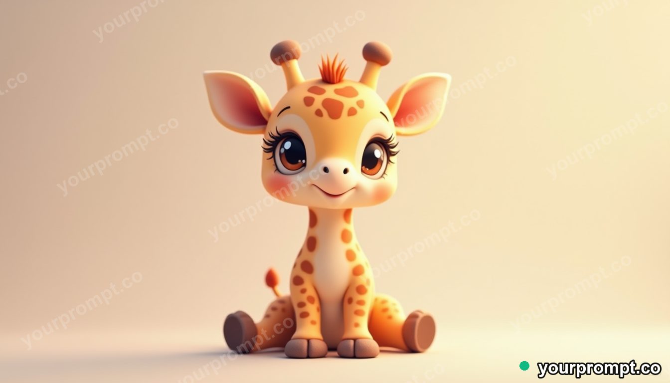 A baby giraffe with knobbly legs and long lashes in kawaii style — AI-generated image from a text prompt