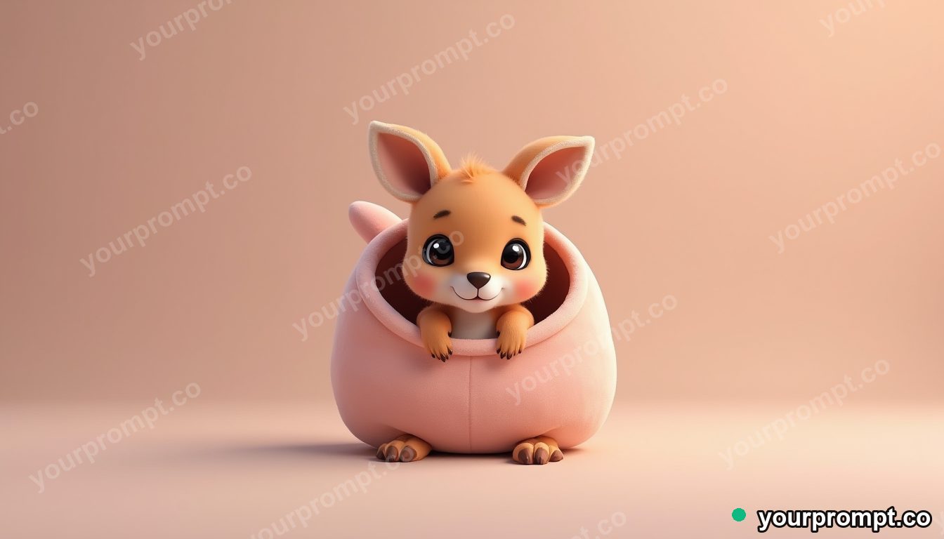 A baby kangaroo peeking from a cozy pouch in kawaii style — AI-generated image from a text prompt