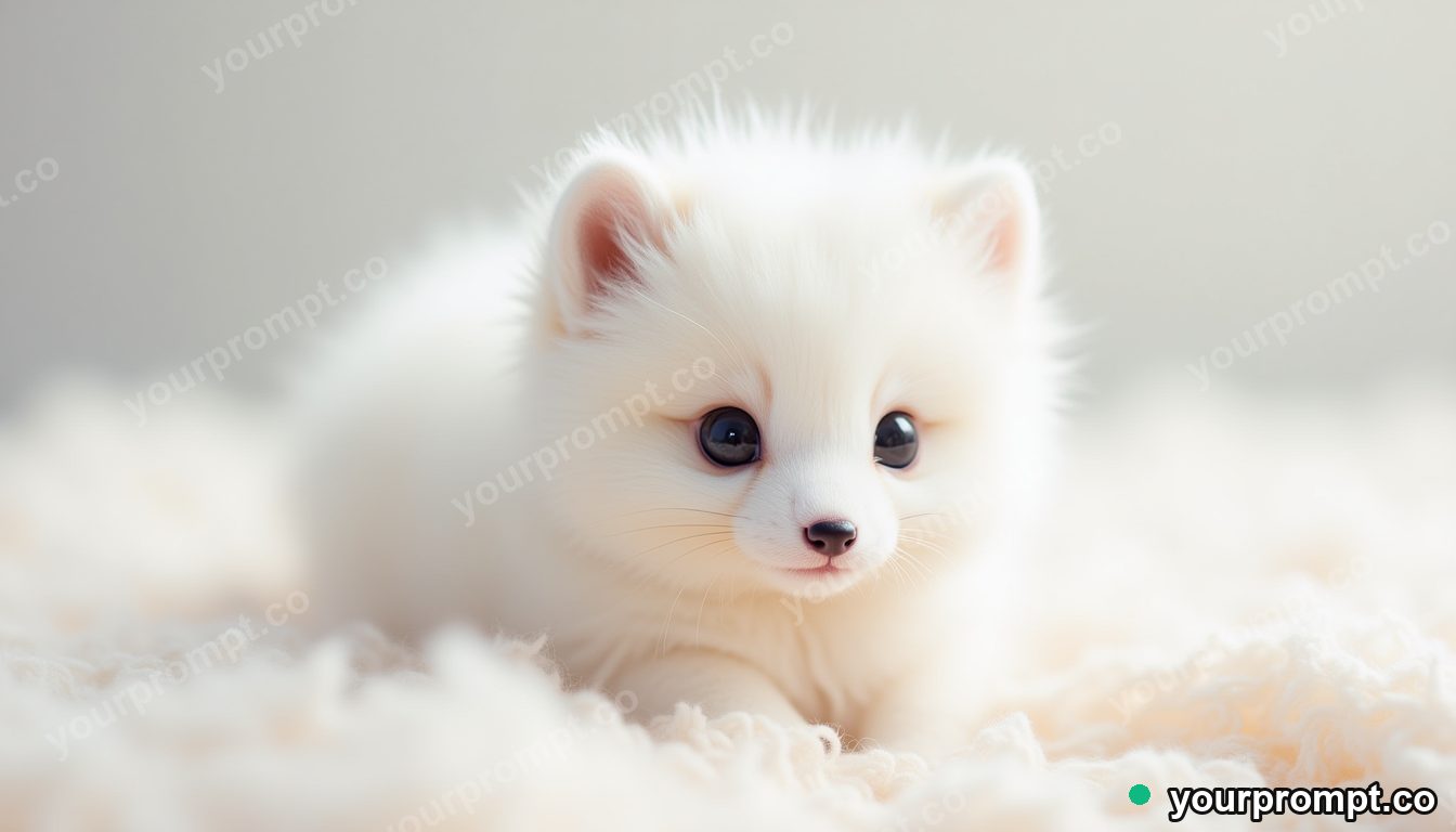 An arctic fox kit in fluffy white fur in kawaii style — AI-generated image from a text prompt
